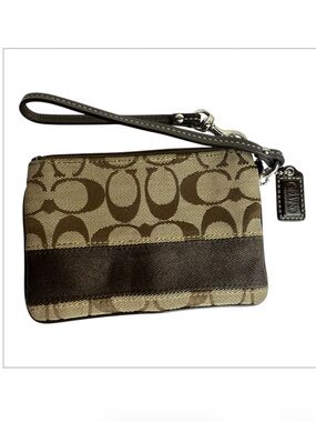 Coach Signature Canvas Wristlet in Khaki and Chocolate Brown